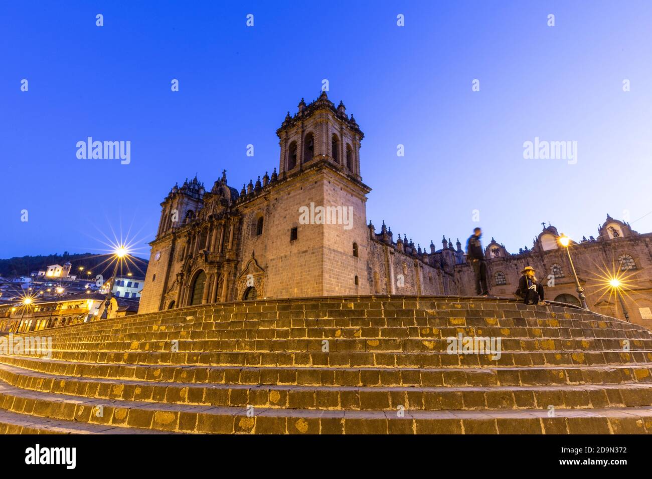 Steps and Cusco Cathedral (Cathedral Basilica of Our Lady of the Assumption) at twilight, Plaza de Armas, Cusco, Peru Stock Photo