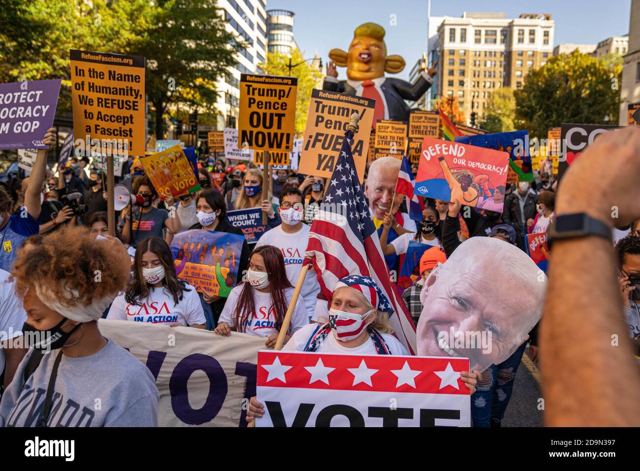 Washington, United States. 06th Nov, 2020. Supporters of Democratic Presidential Candidate Joe Biden march in the streets near BLM Plaza to the edge of Lafayette Park that borders the White House in Washington, DC on Friday, November 6, 2020. Biden and President Donald Trump are locked in a tight presidential race. Photo by Ken Cedeno/UPI Credit: UPI/Alamy Live News Stock Photo
