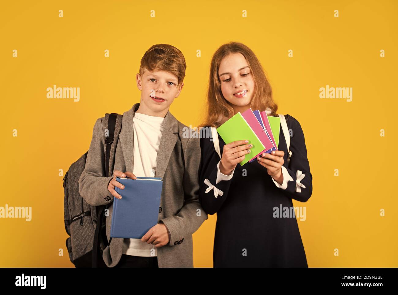 Better together. Student ready for lessons. Regular school program. School education for advanced level. Classes for teens. Talent development. International students exchange. School knowledge. Stock Photo