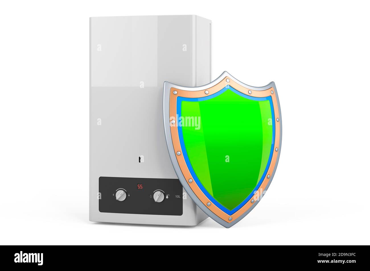 Home gas boiler, water heater with shield, 3D rendering isolated on