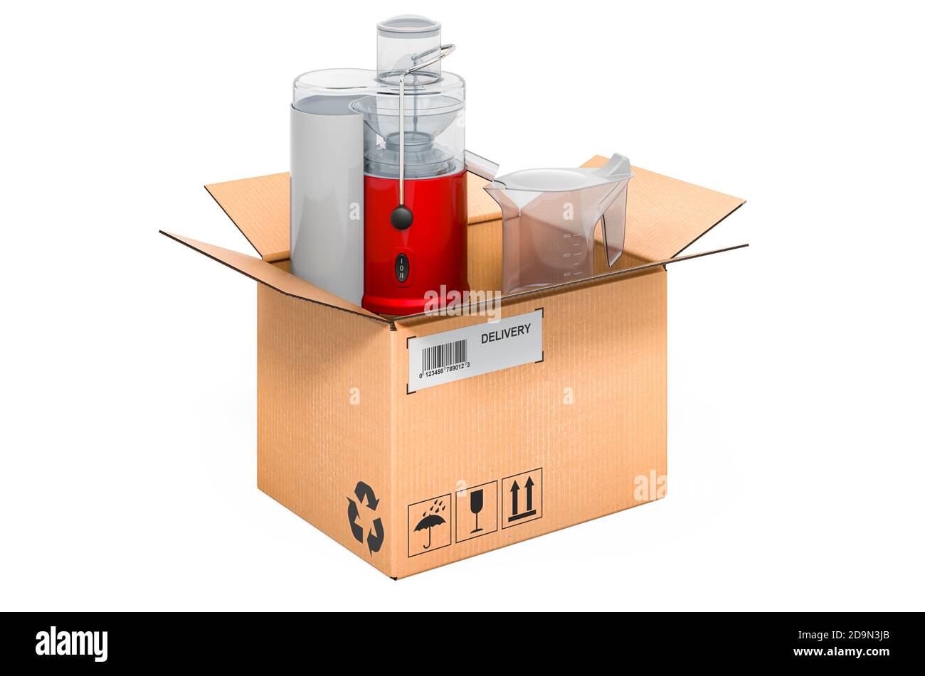 Juicing machine inside cardboard box, delivery concept. 3D rendering isolated on white