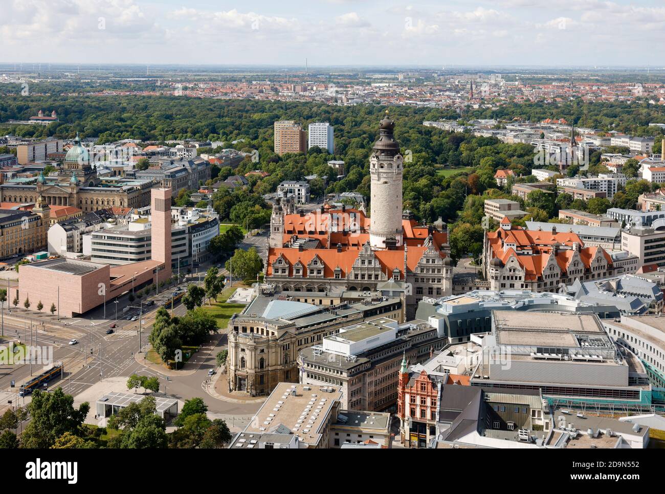 Leipzig, Saxony, Germany, Stadtuebersicht, old town, on the left Catholic Propstei St. Trinitatis, center of the picture new town hall, in the back Johannapark. Stock Photo