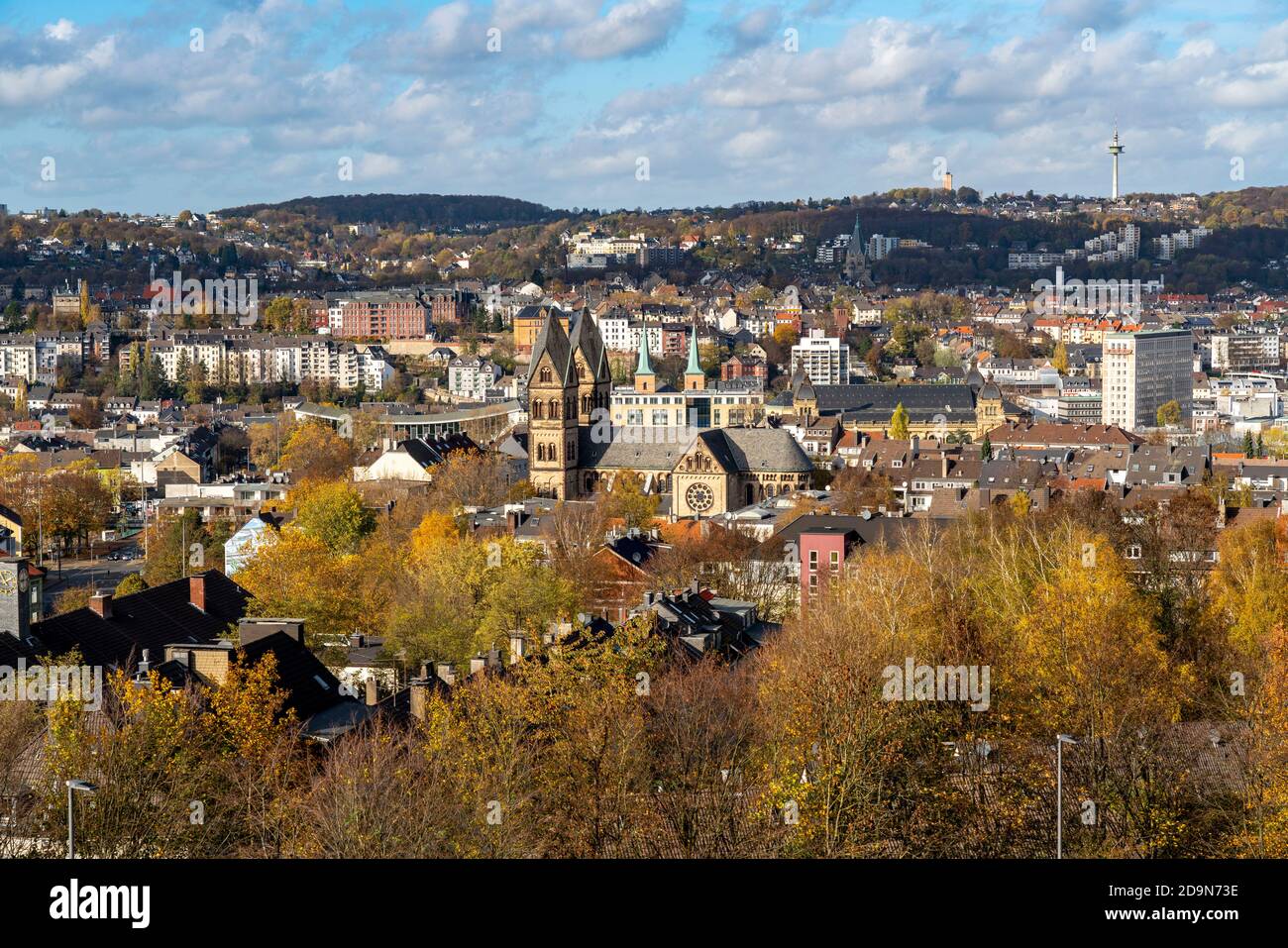 View over Wuppertal, to the north, city centre district Elberfeld, church St. Suitbertus, basilica St. Laurentius, historic city hall, view over the n Stock Photo