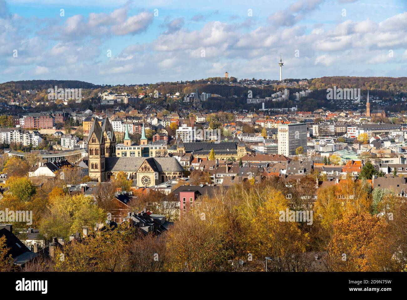 View over Wuppertal, to the north, city centre district Elberfeld, church St. Suitbertus, basilica St. Laurentius, historic city hall, view over the n Stock Photo