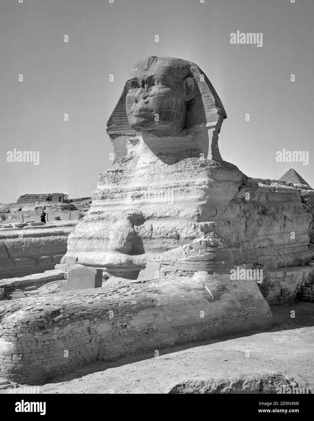 1960s THE GREAT SPHINX OF GIZA OUTSIDE OF CAIRO EGYPT LIMESTONE STATUE BUILT CIRCA 2500 BC BY PHARAOH KAFRE - r17478 RGE001 HARS PHARAOH BY OF THE CARVED MYTHICAL SILENT CONCEPTUAL HEADDRESS STYLISH HUMAN HEAD LION BODY MONOLITH 2500 BC BUILT CIRCA CREATURE LIMESTONE MYTHICAL CREATURE NORTHERN AFRICA OLD KINGDOM BCE BLACK AND WHITE MONUMENTAL OLD FASHIONED Stock Photo
