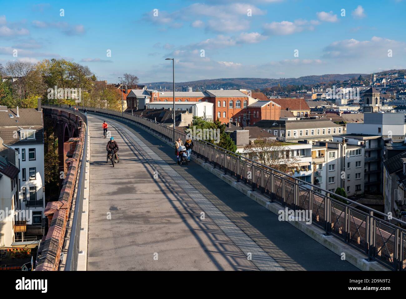 The Nordbahntrasse, a cycle path, footpath, on a former 22 KM railway line, along the West-East axis of Wuppertal, on the northern slope, with many tu Stock Photo