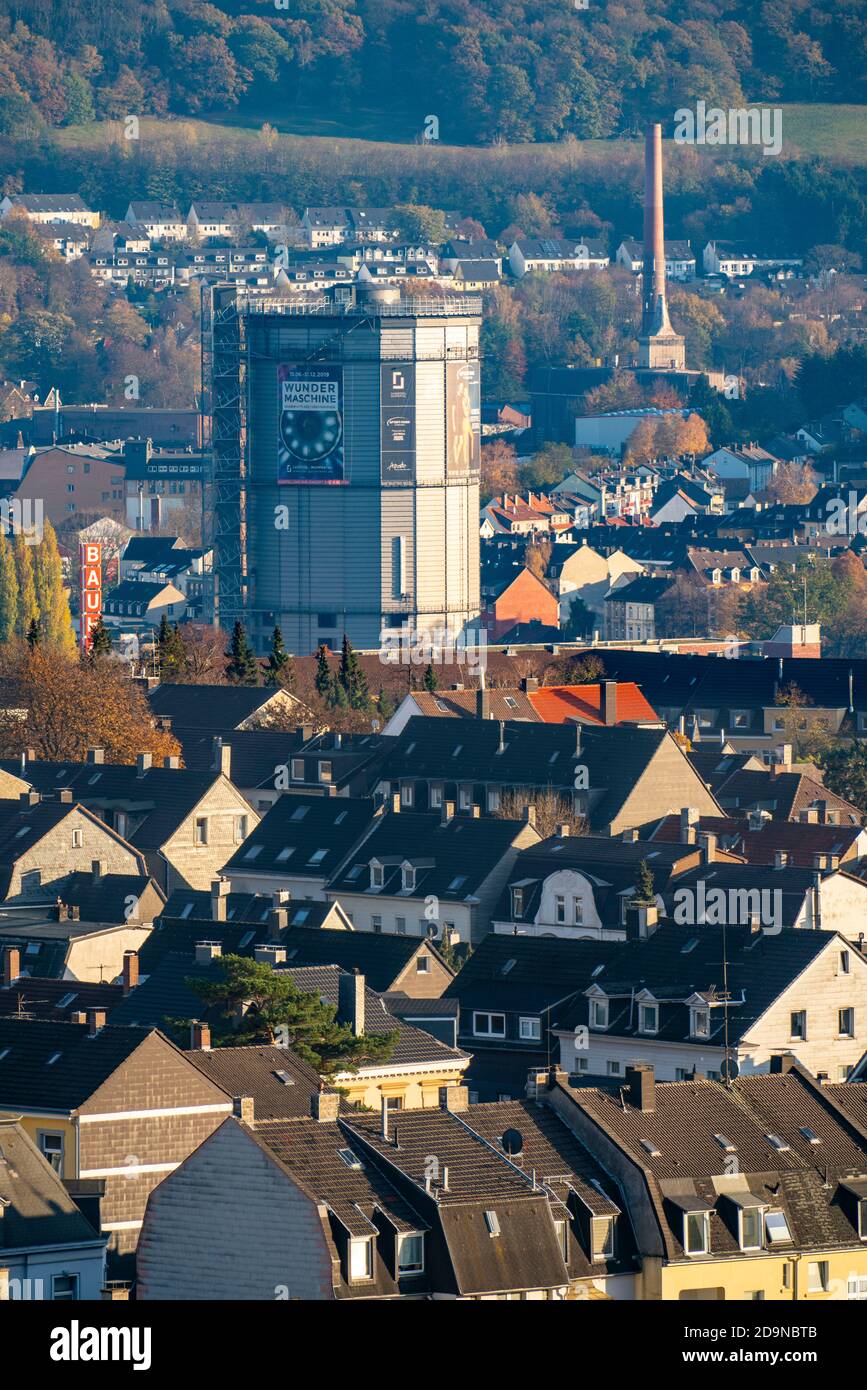 View over Wuppertal-Oberbarmen, the gas boiler, a gasometer, exhibition hall, event location, Wuppertal, NRW, Germany Stock Photo