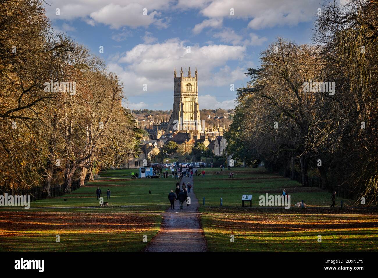 View looking towards St John Baptist Church from the Avenue in Cirencester Park in Cirencester, Gloucestershire, UK on 4 November 2020 Stock Photo