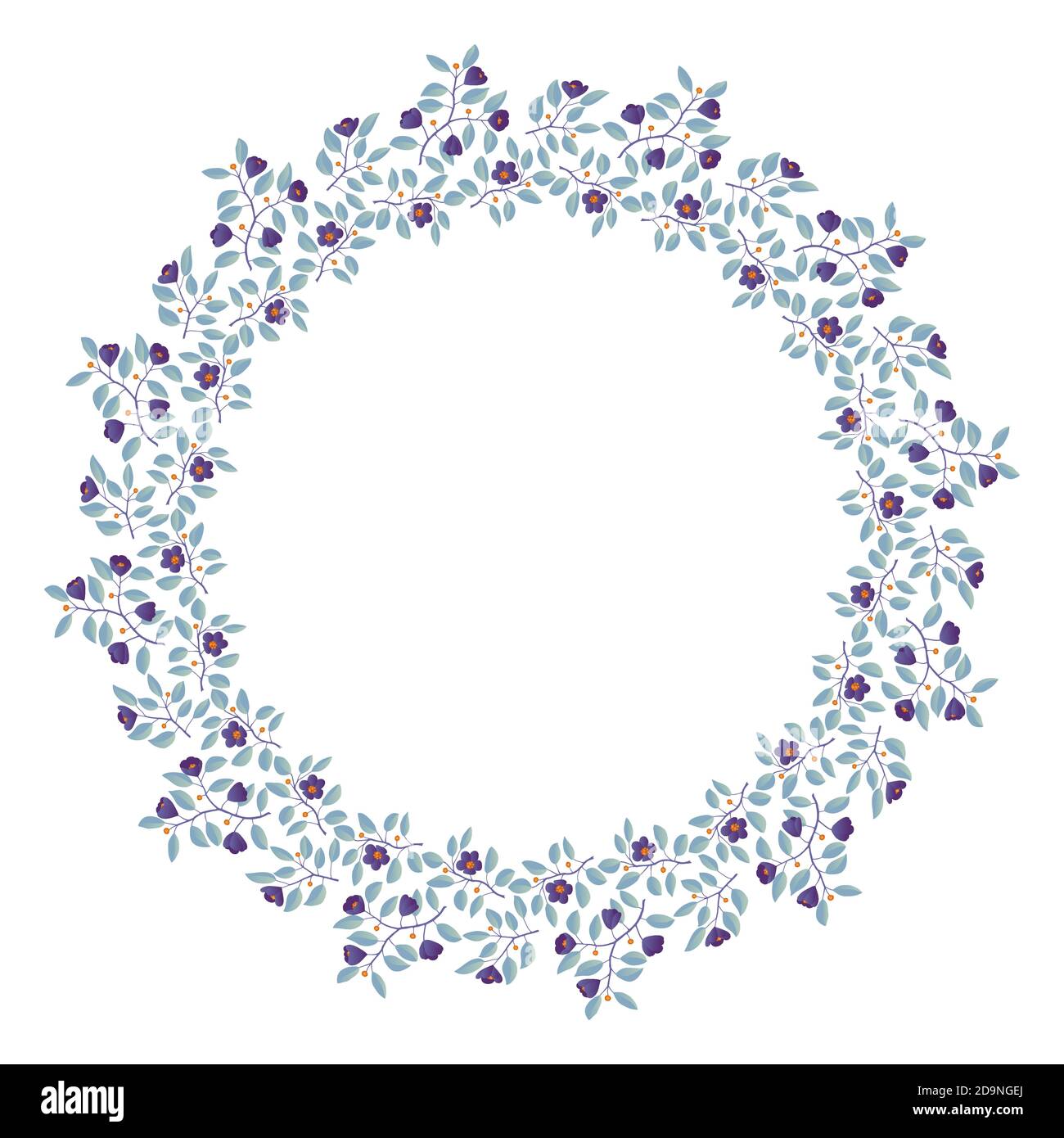 Floral wreath, branches with teal leaves and purple flowers on white. Vector illustration, design for poster, banner, invitation, book, fashion fabric, wrapping, packaging. Stock Vector