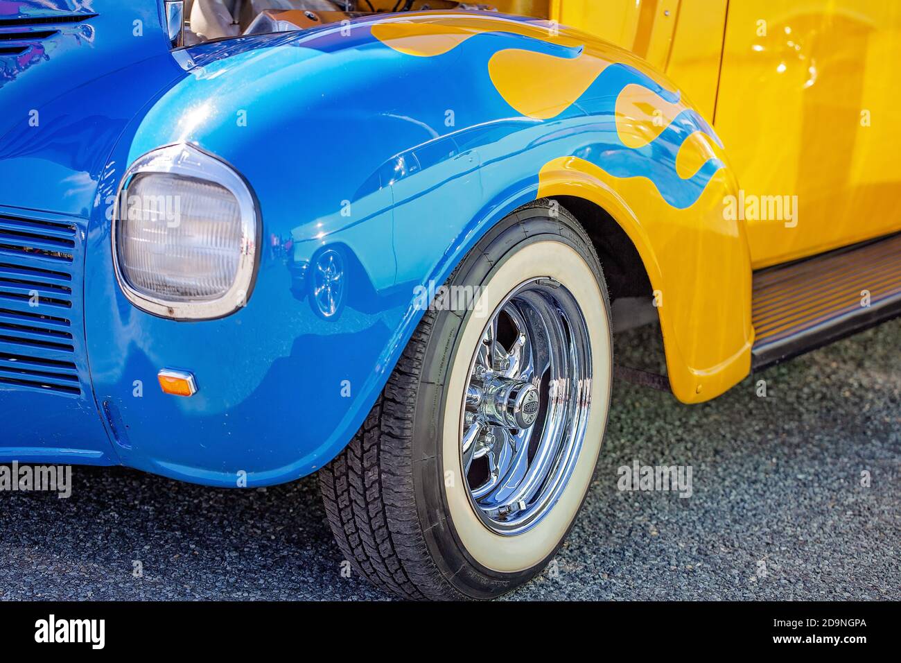 Mackay Queensland Australia 13th July 2019 Close Up Of Part Of Blue And Yellow Custom Classic Hot Rod Car Stock Photo Alamy
