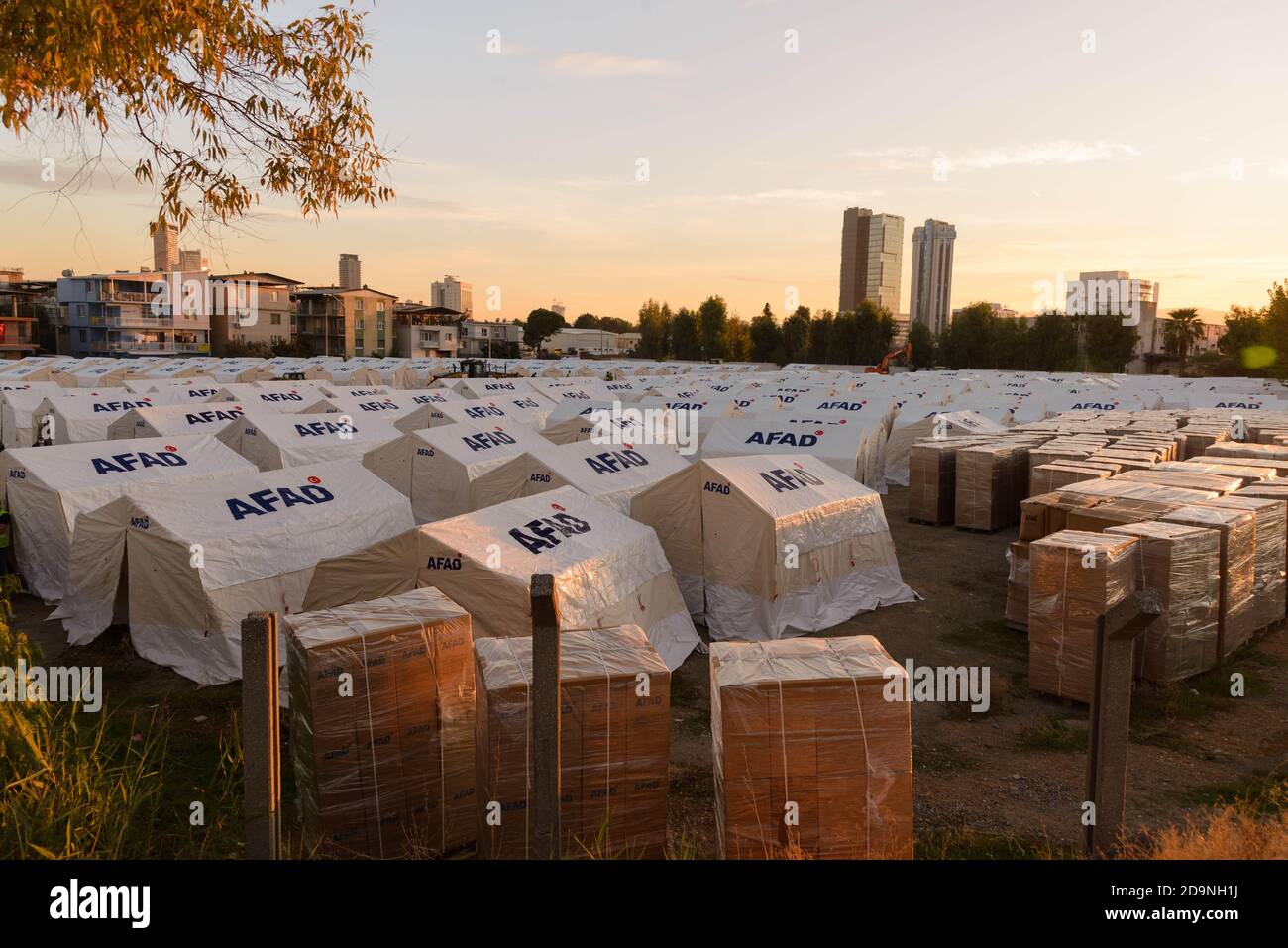 Izmir, Turkey - November 2 2020 Tent cities established after the earthquake on 30 October 2020 Bayrakli Smyrna square Izmir. Stock Photo