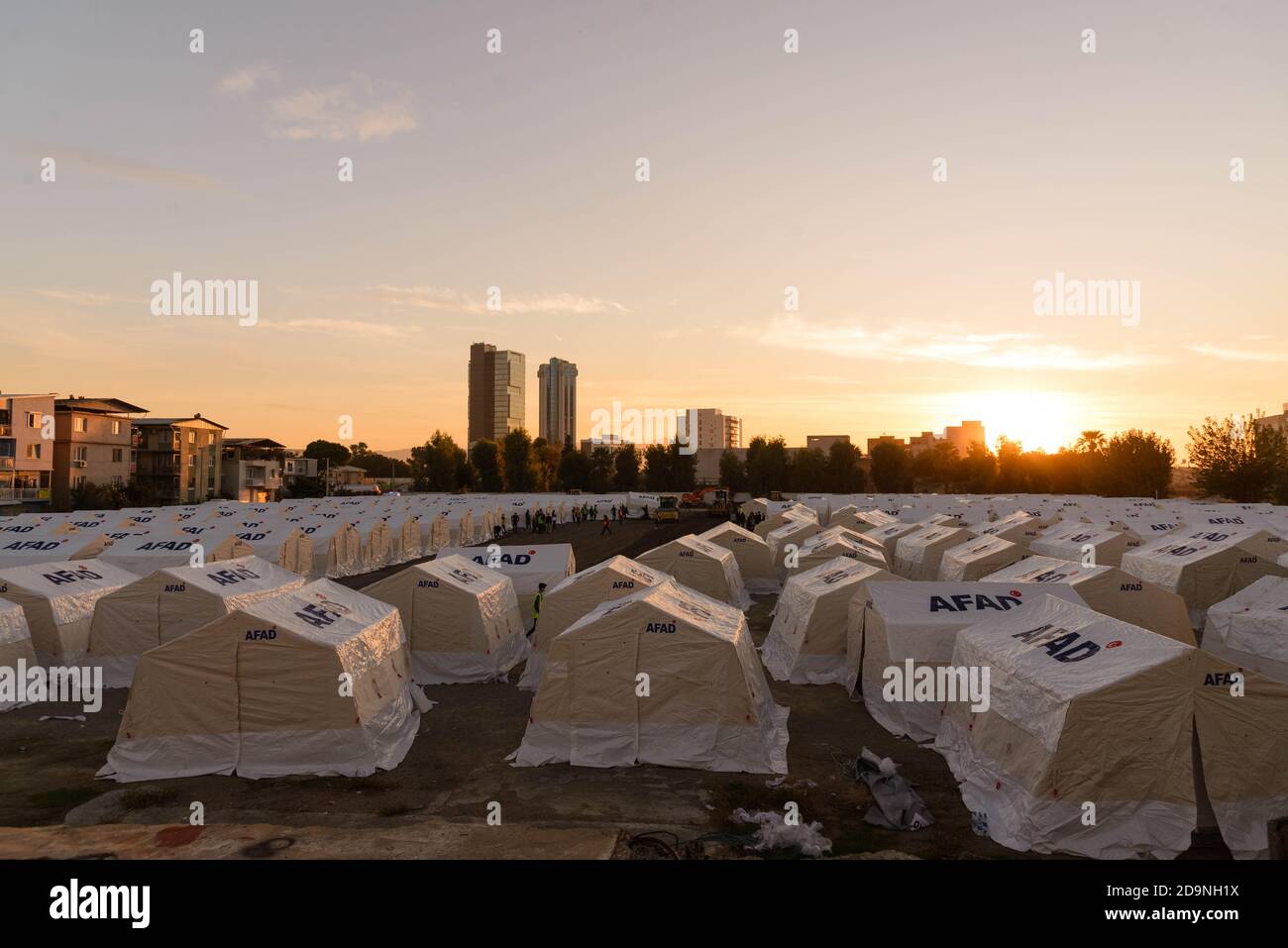 Izmir, Turkey - November 2 2020 Tent cities established after the earthquake on 30 October 2020 Bayrakli Smyrna square Izmir. Stock Photo