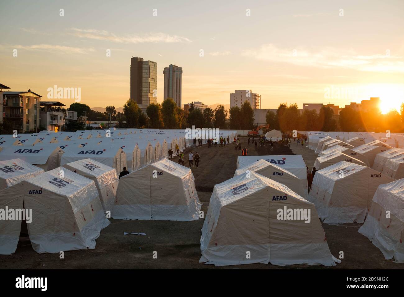 Izmir, Turkey - November 2 2020 Tent cities established after the earthquake on 30 October 2020 Bayrakli Smyrna square Izmir. Stock Photo
