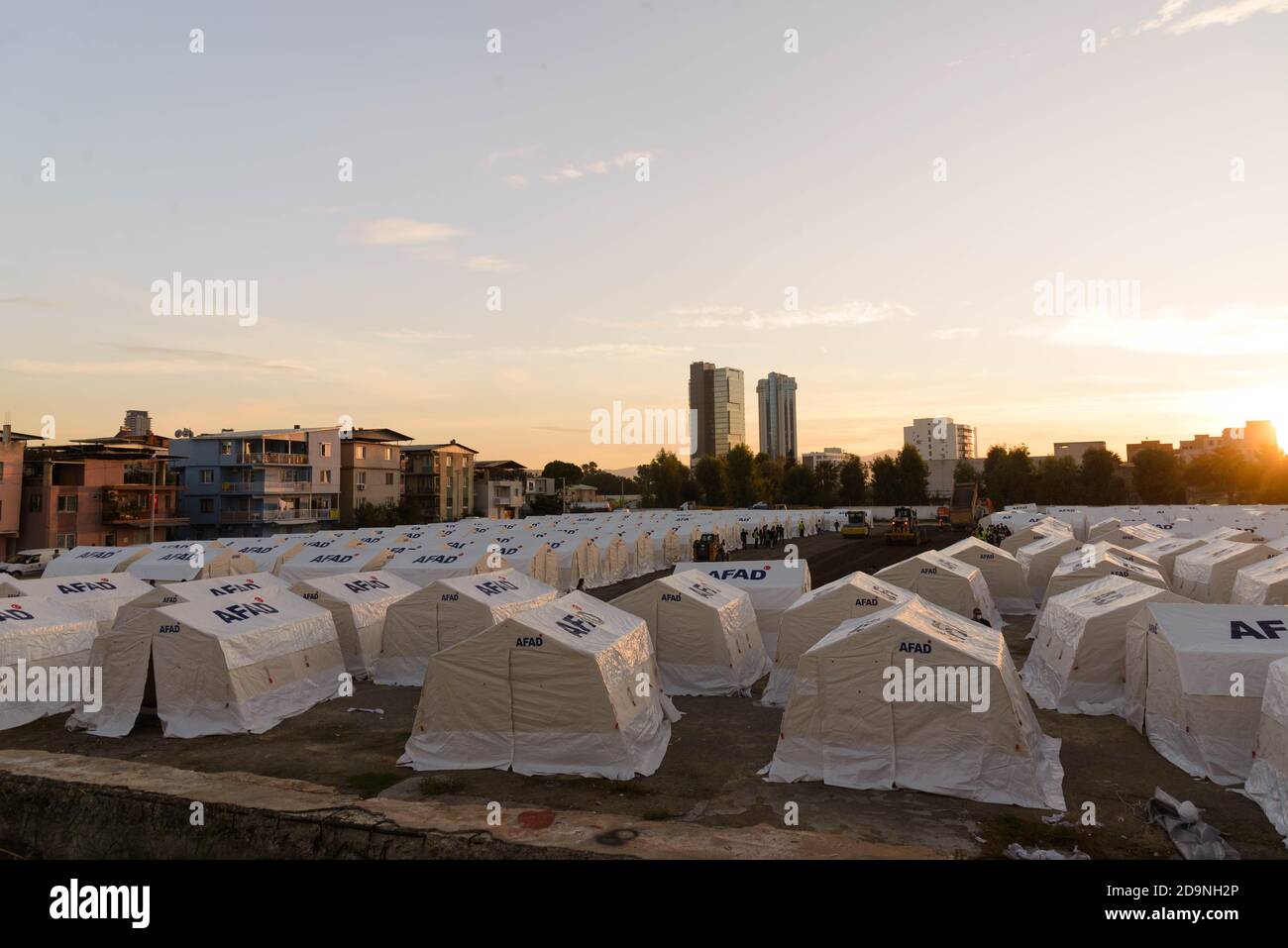 Izmir, Turkey - November 2 2020 Tent cities established after the earthquake on 30 October 2020 Bayrakli Smyrna square Izmir. Stock Photo