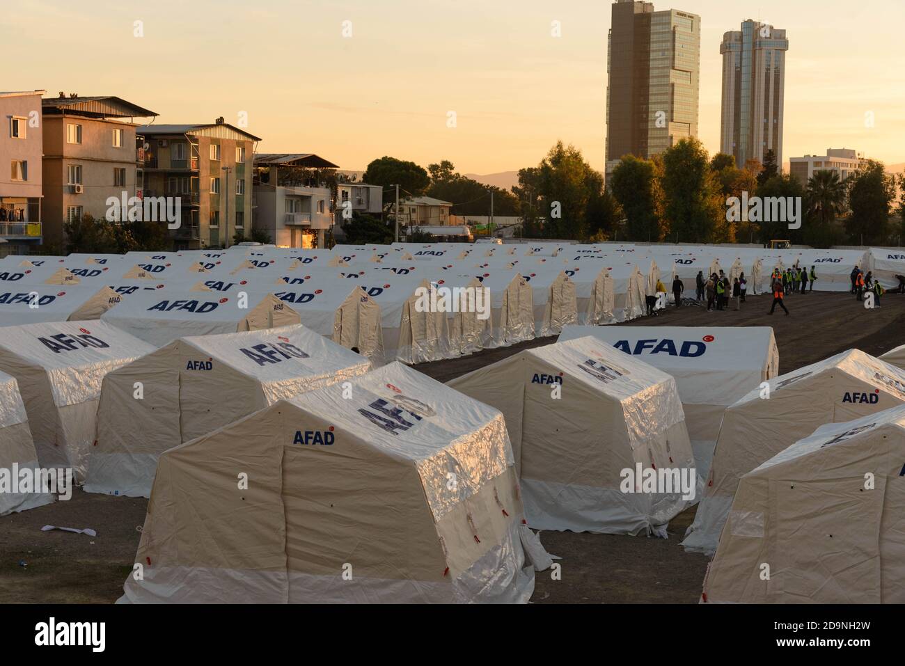 Izmir, Turkey - November 2 2020 Tent cities established after the earthquake on 30 October 2020 Bayrakli Smyrna square Izmir. Stock Photo