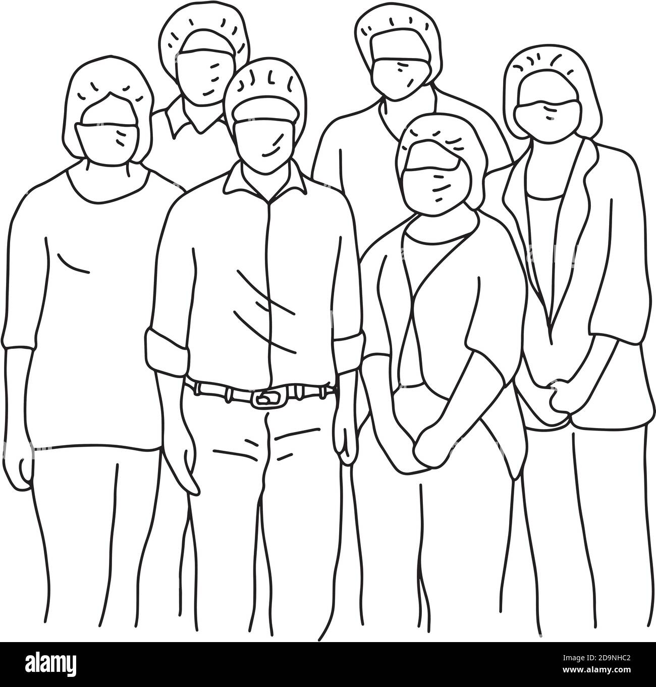 six people wearing facial safety vector illustration sketch doodle hand drawn with black lines isolated on white background Stock Vector