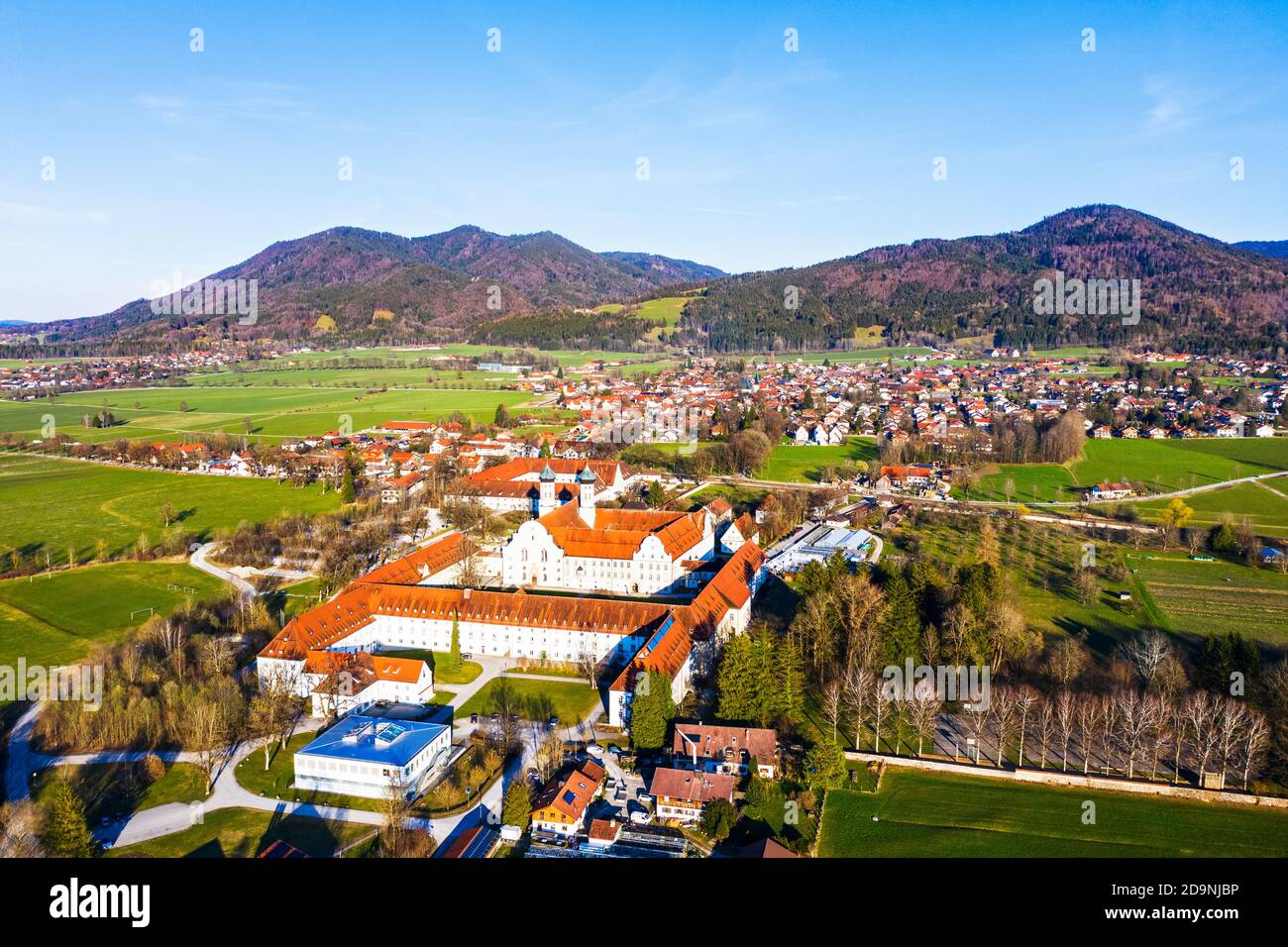 Benediktbeuern monastery and village Benediktbeuern, Tölzer Land, drone image, Alpine foothills, Upper Bavaria, Bavaria, Germany Stock Photo