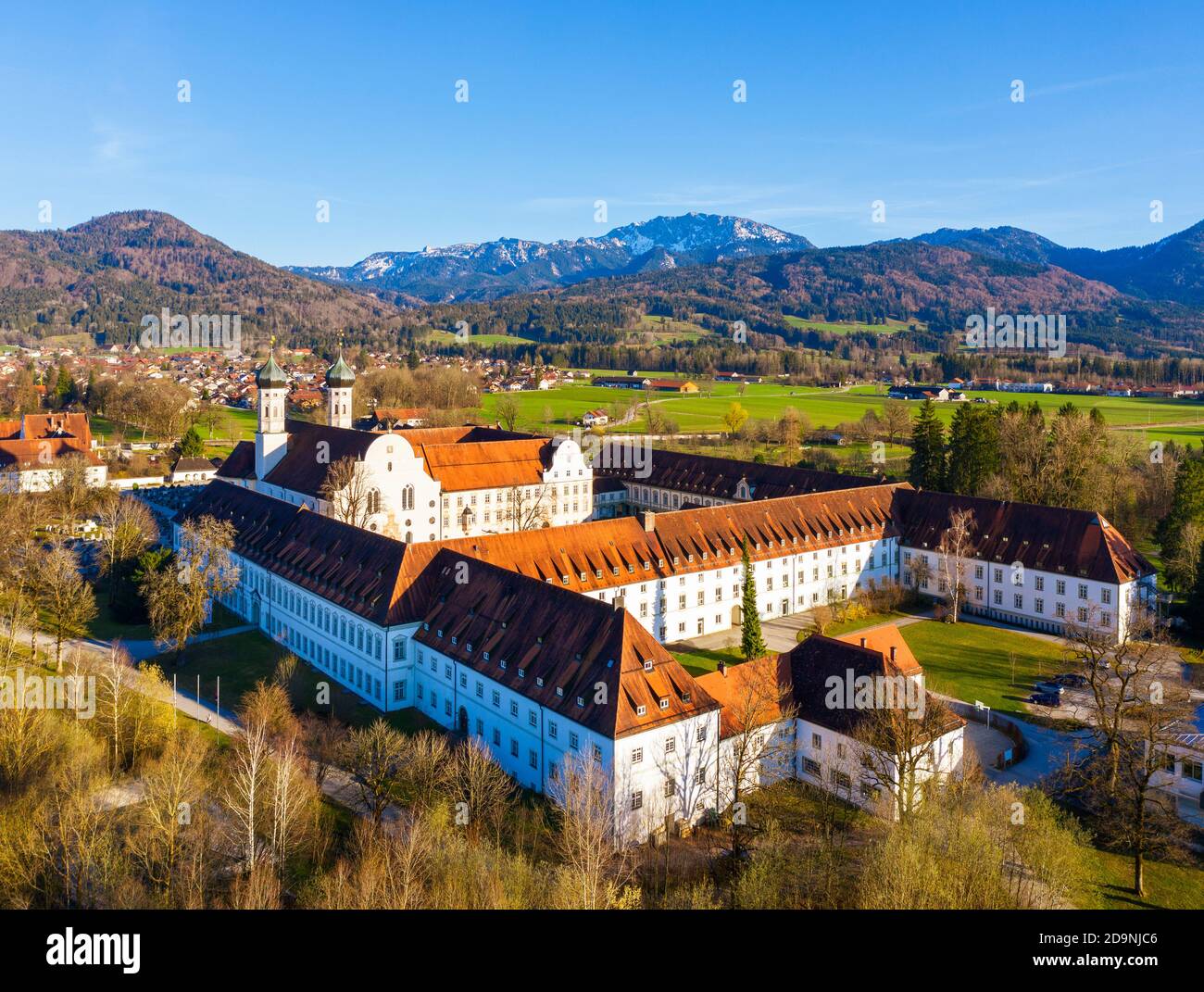 Benediktbeuern Monastery, in the back Benediktenwand, Tölzer Land, drone image, Alpine foreland, Upper Bavaria, Bavaria, Germany Stock Photo