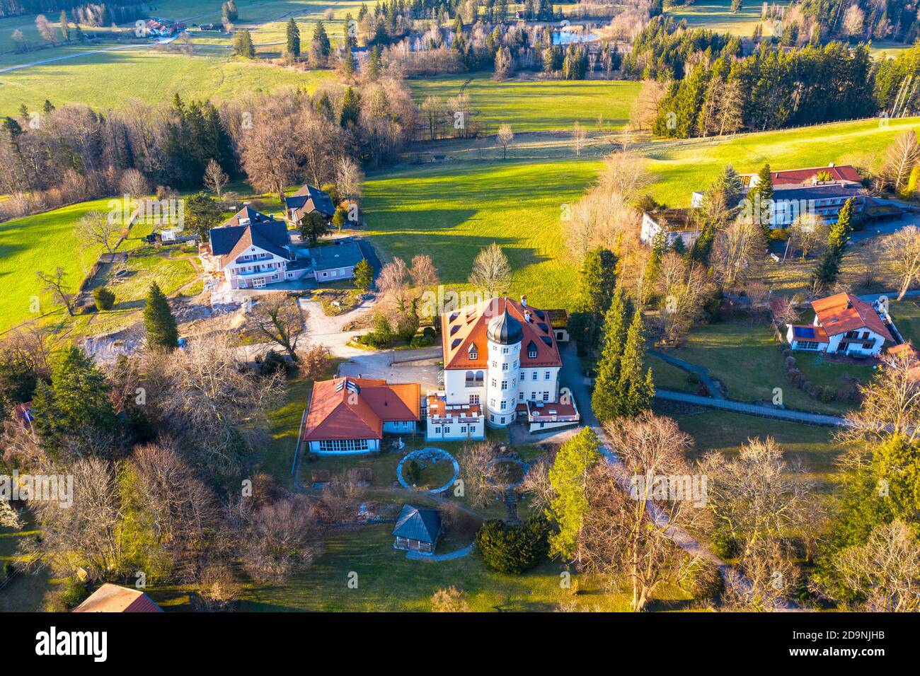 Cafe Restaurant Park Villa, Bad Heilbrunn, Tölzer Land, drone image, Upper Bavaria, Bavaria, Germany Stock Photo