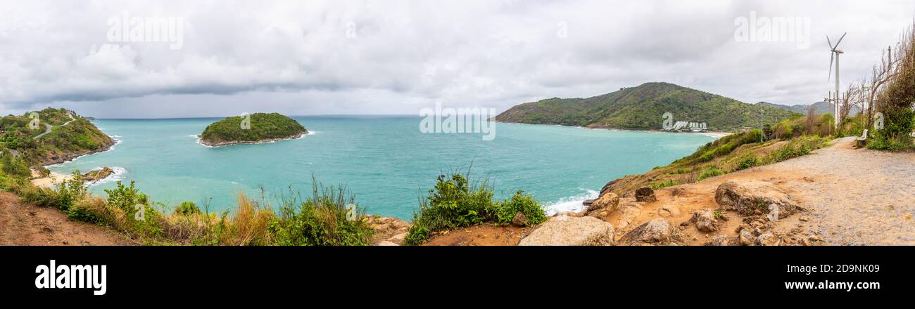 Panorama aerial view of beauty bay nature landscape or seascape with island, mountain and clear sea with turquoise water on Phuket and Serpentine road Stock Photo