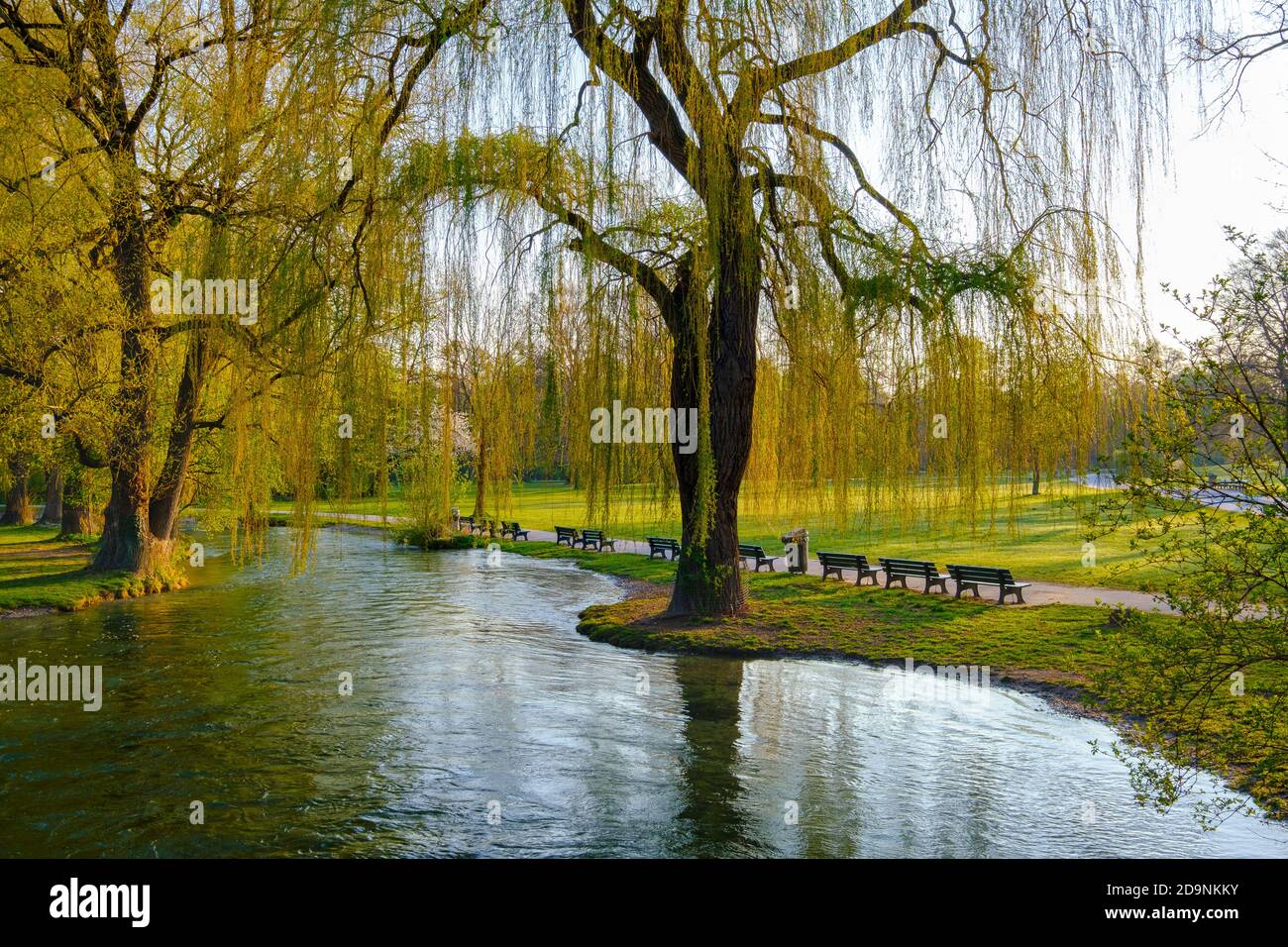 deserted park benches at the Schwabinger Bach, Englischer Garten, Munich, Upper Bavaria, Bavaria, Germany Stock Photo
