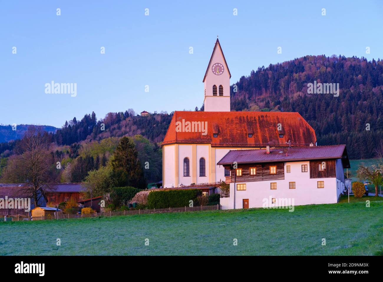 Maria Morgenstern church in the morning light, Lippertskirchen, near Bad Feilnbach, Rosenheim district, Upper Bavaria, Bavaria, Germany Stock Photo