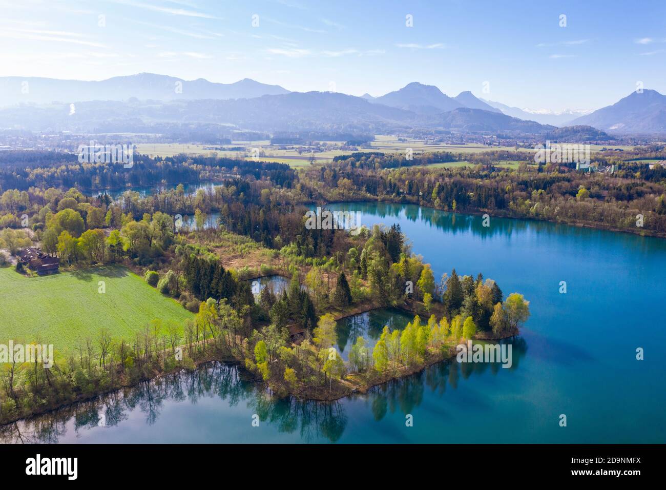 Hochstraßer See, near Raubling, Rosenheim district, Chiemgau, drone image, Alpine foothills, Upper Bavaria, Bavaria, Germany Stock Photo