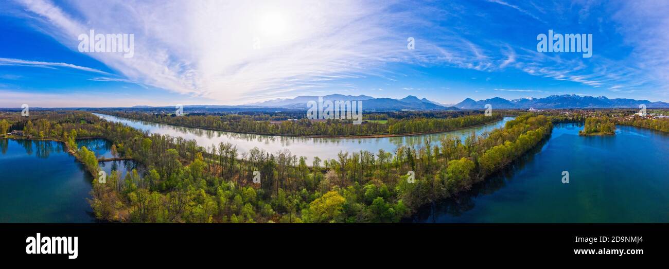 Panorama, Happinger See and Inn, near Rosenheim, Inntal, drone image, Upper Bavaria, Bavaria, Germany Stock Photo
