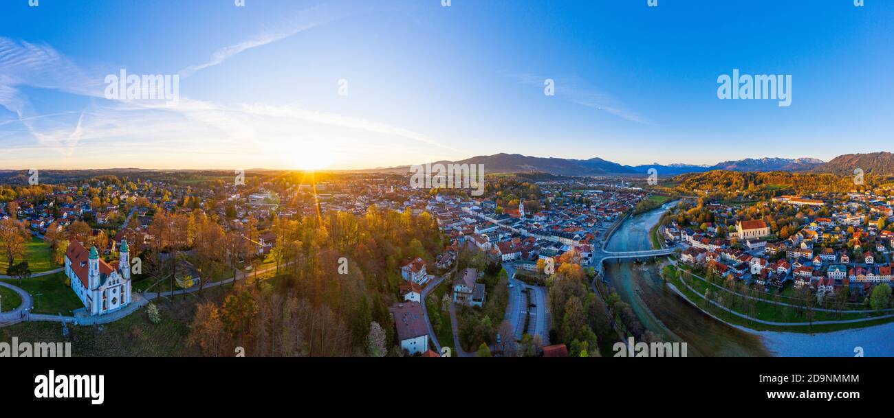 Panorama, Holy Cross Church on Kalvarienberg at sunrise, Isar, Bad Tölz, Isarwinkel, Alpine foothills, drone image, Upper Bavaria, Bavaria, Germany Stock Photo
