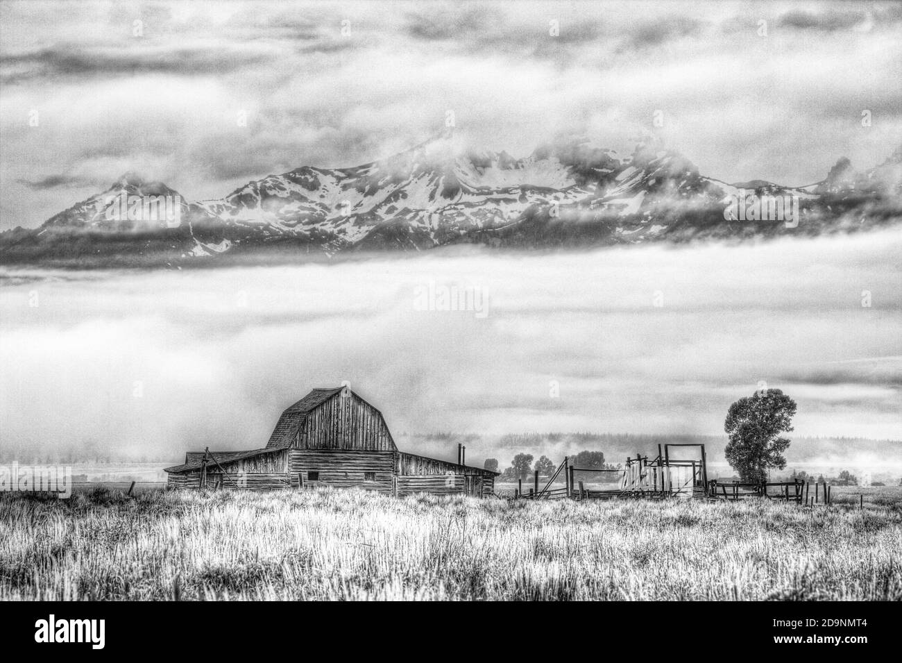 The old log barn on the John Moulton homestead on Mormon Row in Grand Teton National Park with the Teton Range behind.  Wyoming, USA. Stock Photo