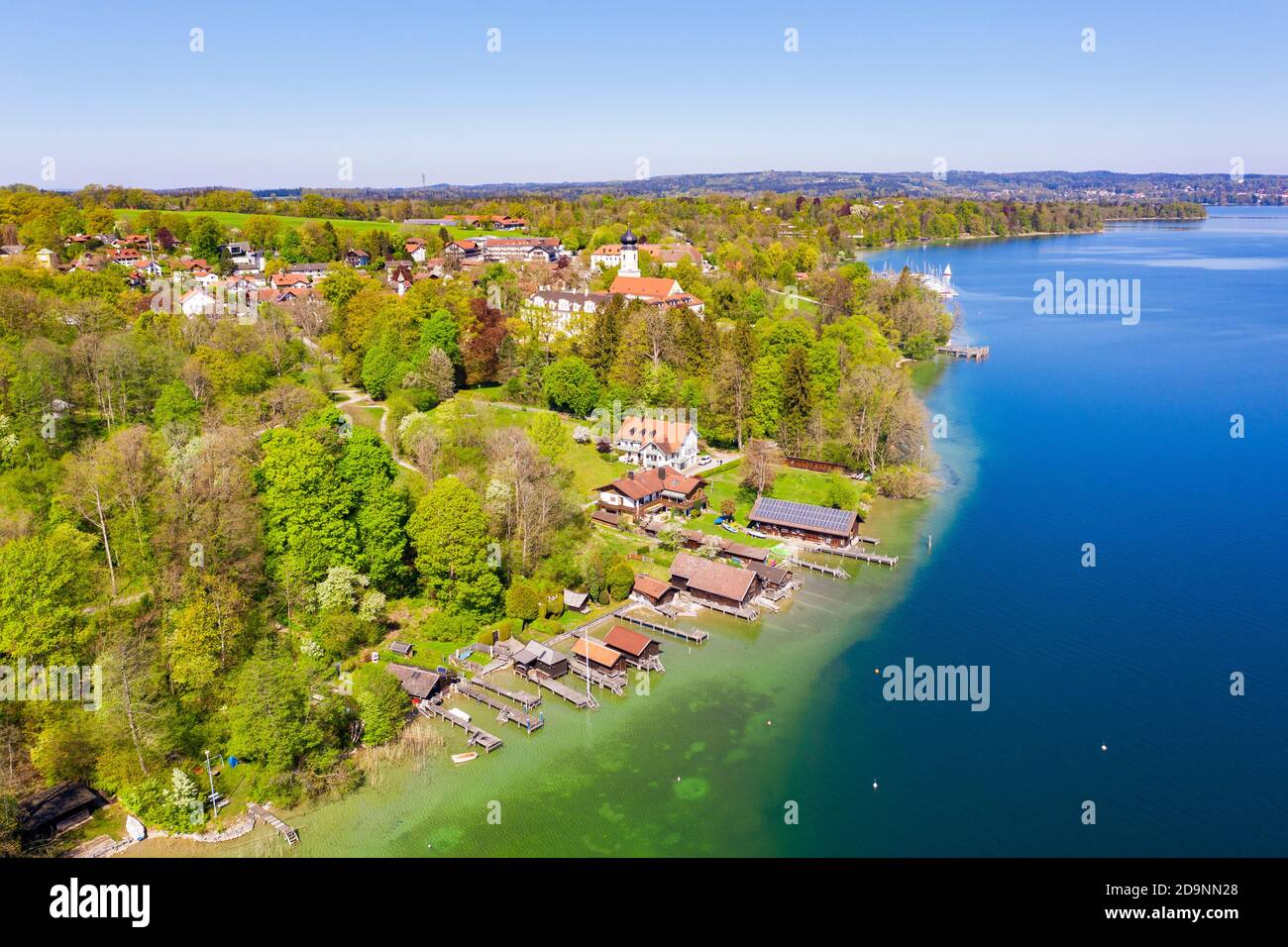 Boathouses on Lake Starnberg, Bernried, Fünfseenland, drone image, Upper Bavaria, Bavaria, Germany Stock Photo