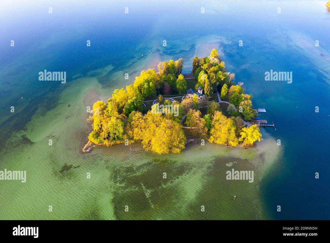 Rose Island in Lake Starnberg near Feldafing in the morning light, Fünfseenland, aerial view, Upper Bavaria, Bavaria, Germany Stock Photo