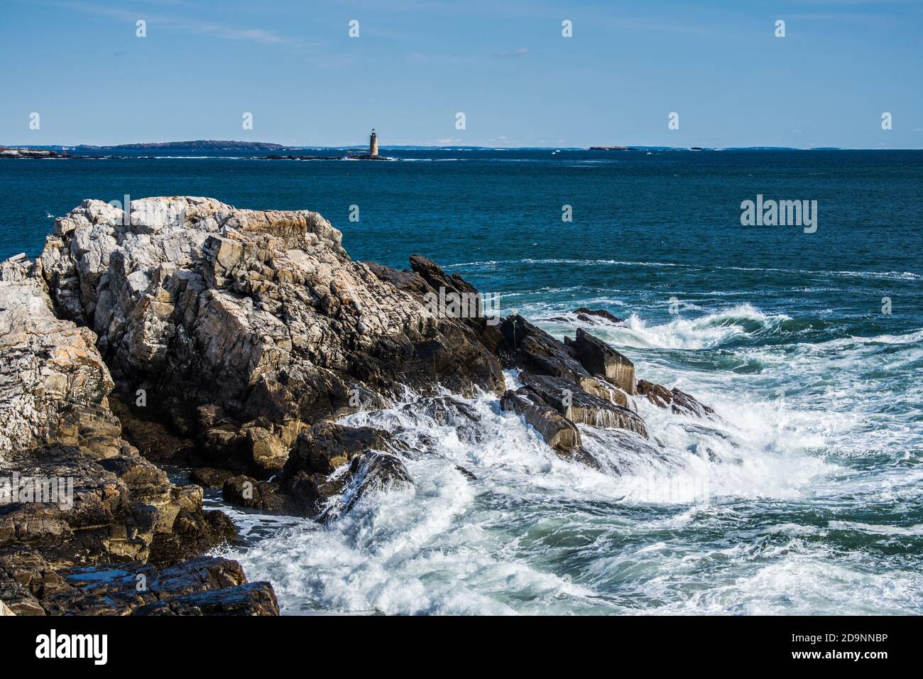 Waves surging at Portland head light, Maine. #8482 Stock Photo