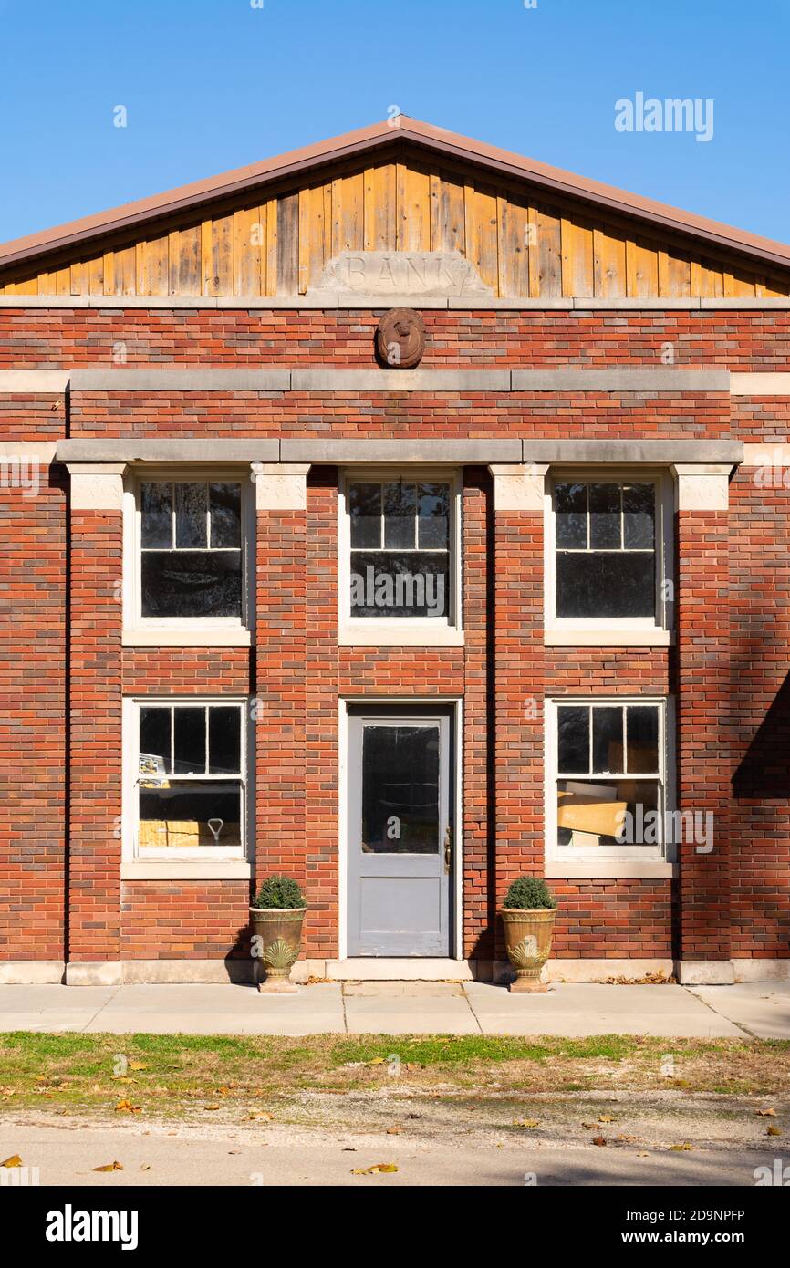 Old bank building in small Midwest town. Troy Grove, Illinois, USA