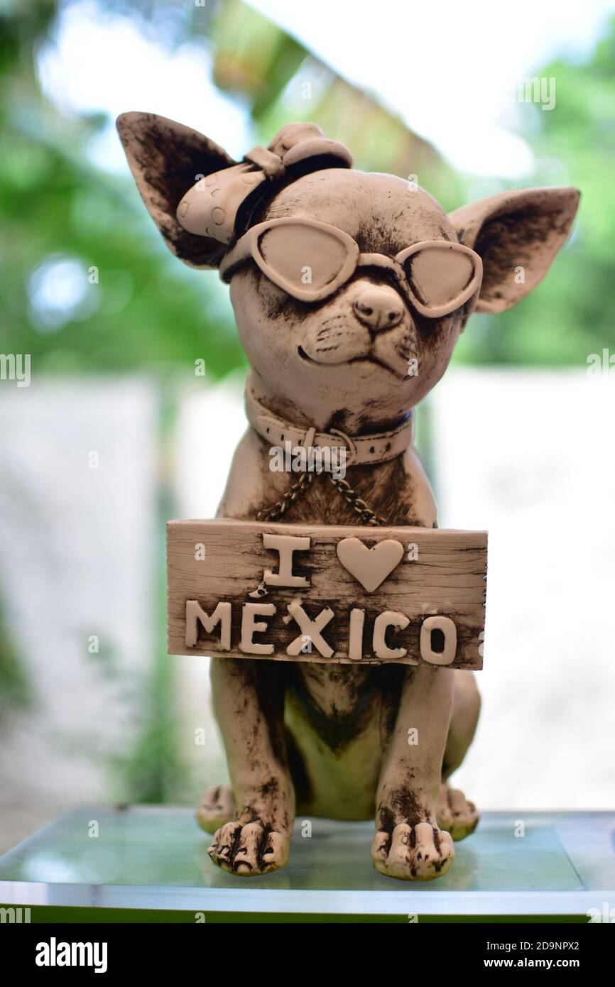 A vertical shot of a cute chihuahua statue with sunglasses and an "I love  Mexico" sign in a garden Stock Photo - Alamy