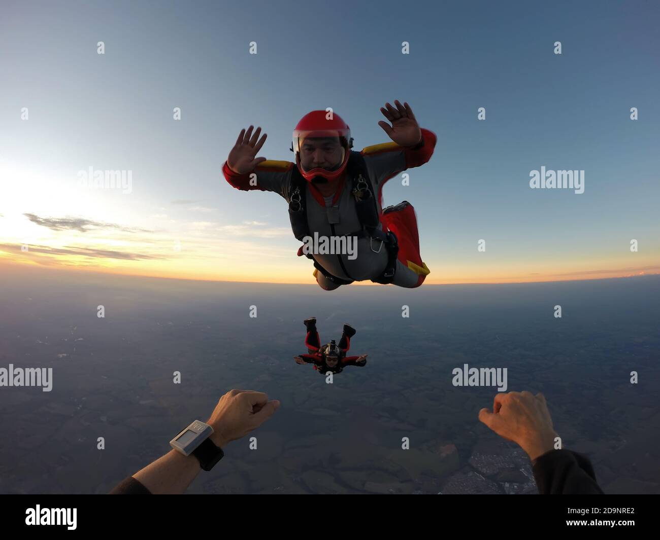 Skydiving senior man at the sunset Stock Photo
