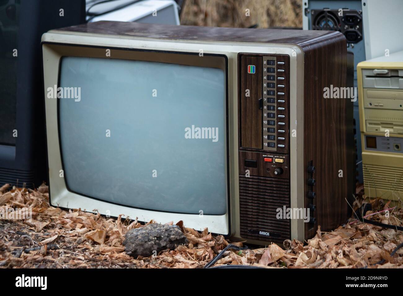 electronic recycling waste, pile of old tv, old computers, old technology waiting for recycle Stock Photo