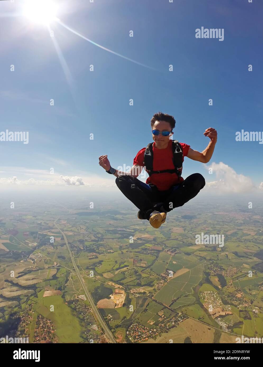 Skydiver meditation position Stock Photo