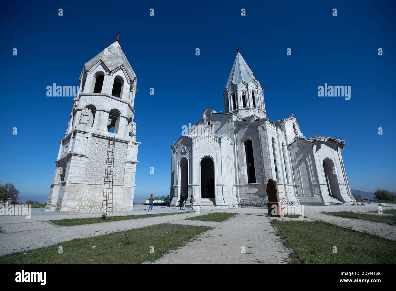 STEPANAKERT, ARTSAKH - Nov 05, 2020: Ghazanchetsots Cathedral in Shushi still standing after a double missile strike by Azerbaijani armed forces Stock Photo