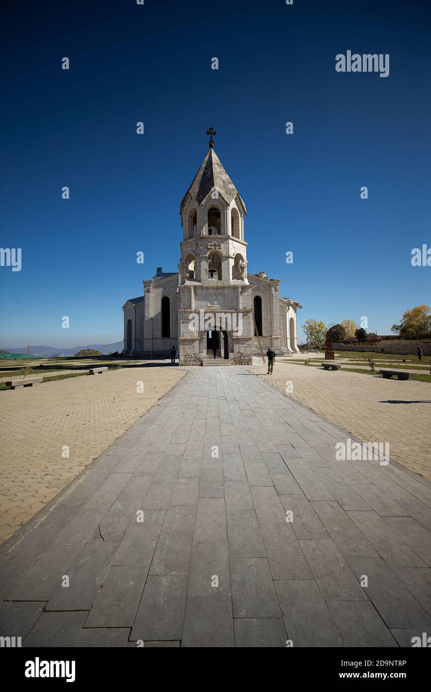 STEPANAKERT, ARTSAKH - Nov 05, 2020: Ghazanchetsots Cathedral in Shushi still standing after two Azerbaijani missile strikes Stock Photo