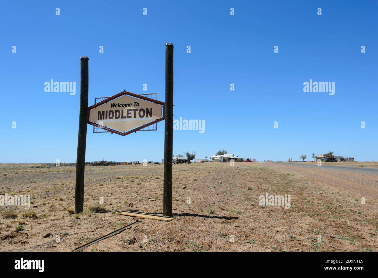 Roadside Name Sign Welcome to Middleton, a ghost town along the Kennedy Developmental Road, Queensland, QLD, Australia Stock Photo