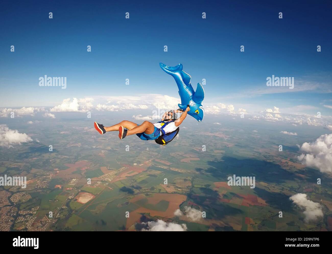 Parachutist holding an inflatable shark in free fall Stock Photo Alamy