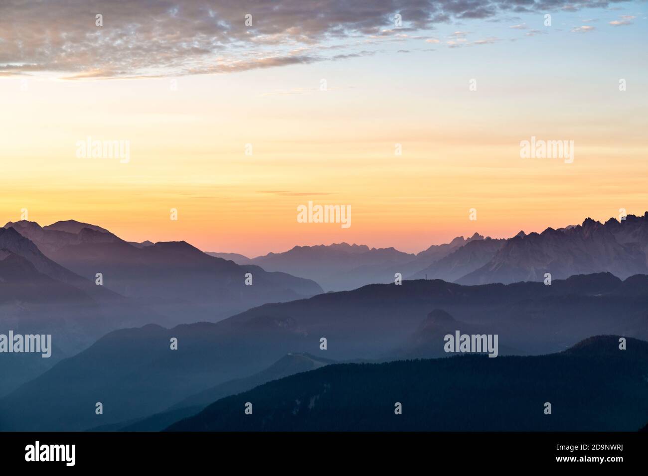 Several mountain layers at dawn towards Ansiei valley, Dolomites mountains, Auronzo di Cadore, Belluno province, Veneto, Italy, Europe Stock Photo