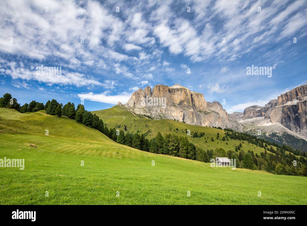 Lonely wooden cabin in Salèi valley, on the background Sella Towers / Sellatürme and  Piz Ciavazes, Canazei, Fassa valley, Dolomites, Trentino Alto Adige, Italy Stock Photo