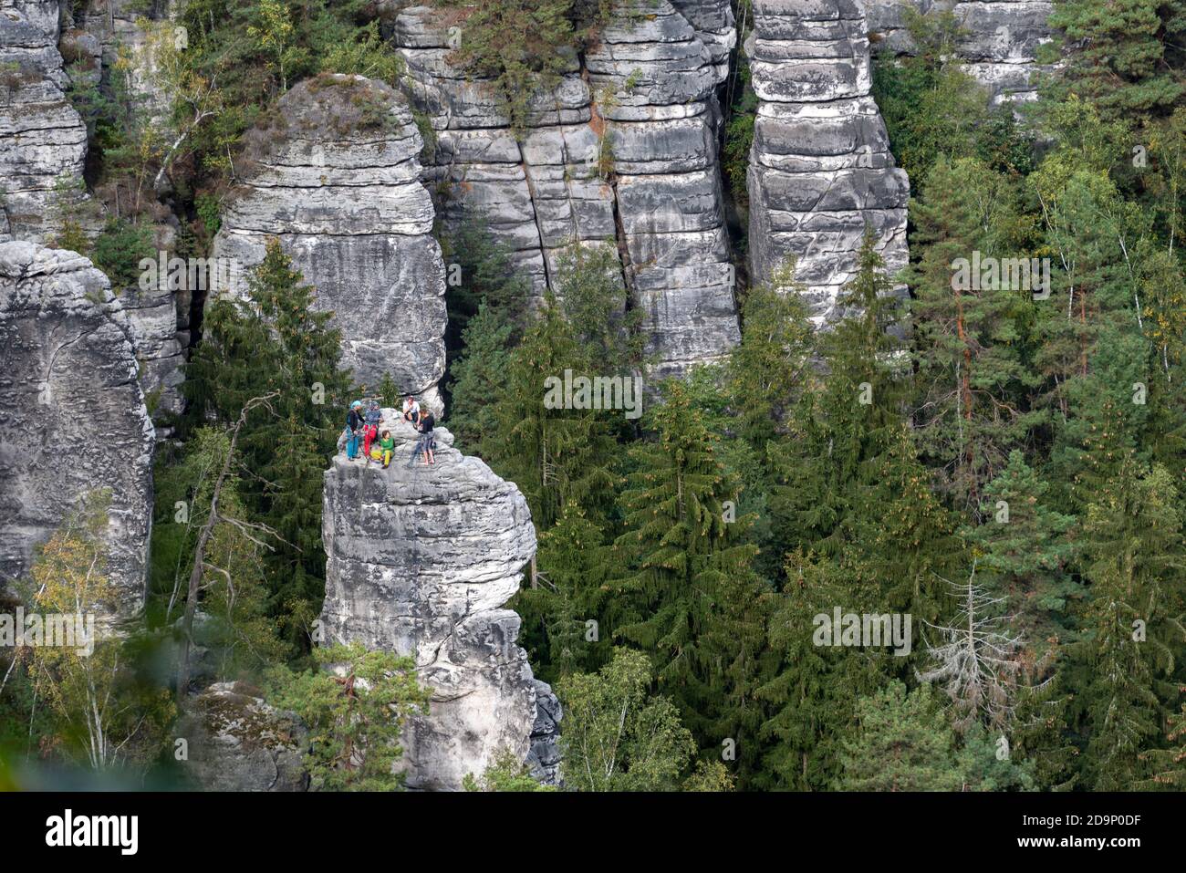 Germany, Saxony, Bastei, rock formations in the Elbe Sandstone Mountains, climbers, Saxon Switzerland National Park Stock Photo