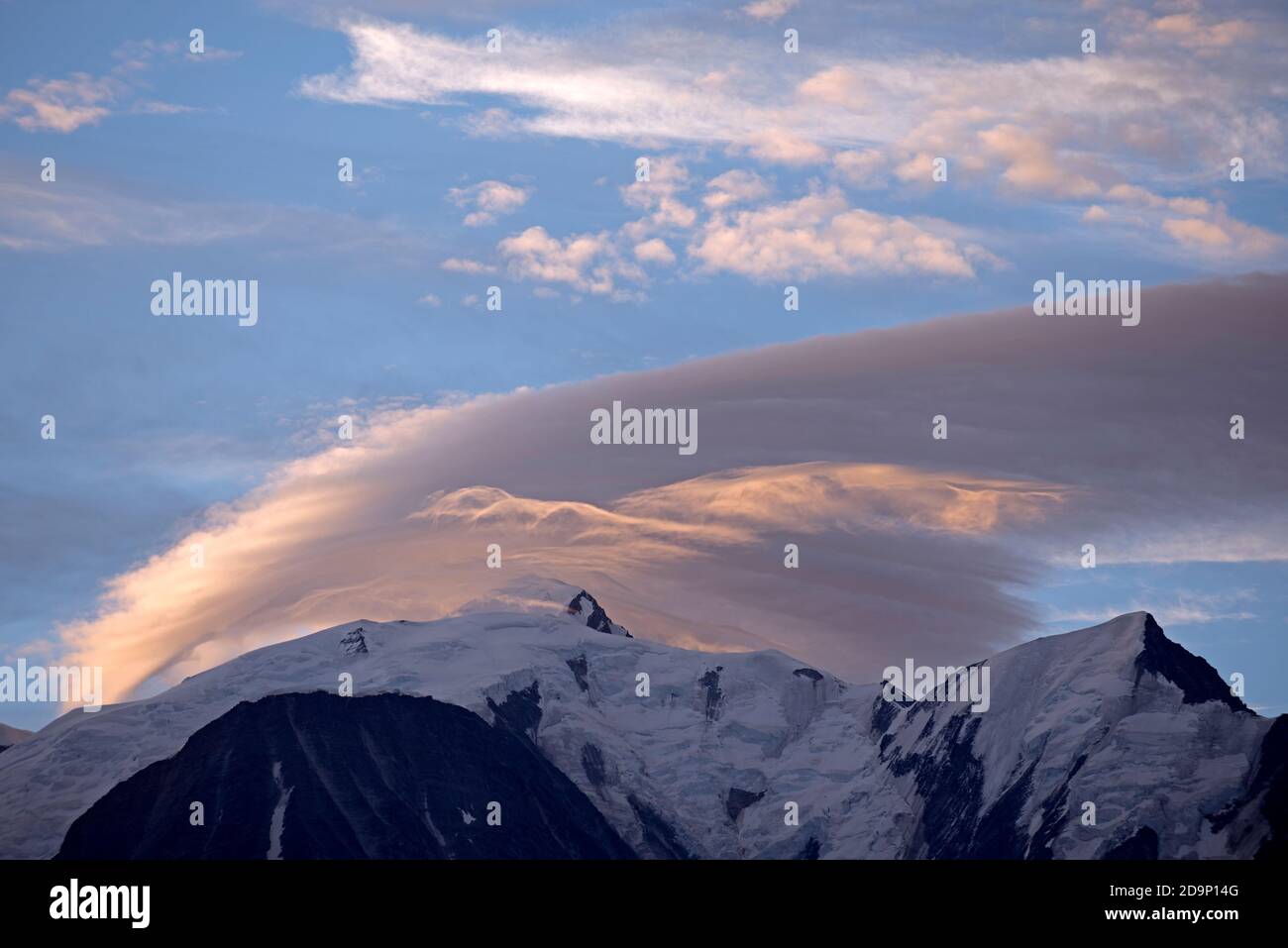 France, Haute-Savoie, rising sun on Mont Blanc and clouds Stock Photo