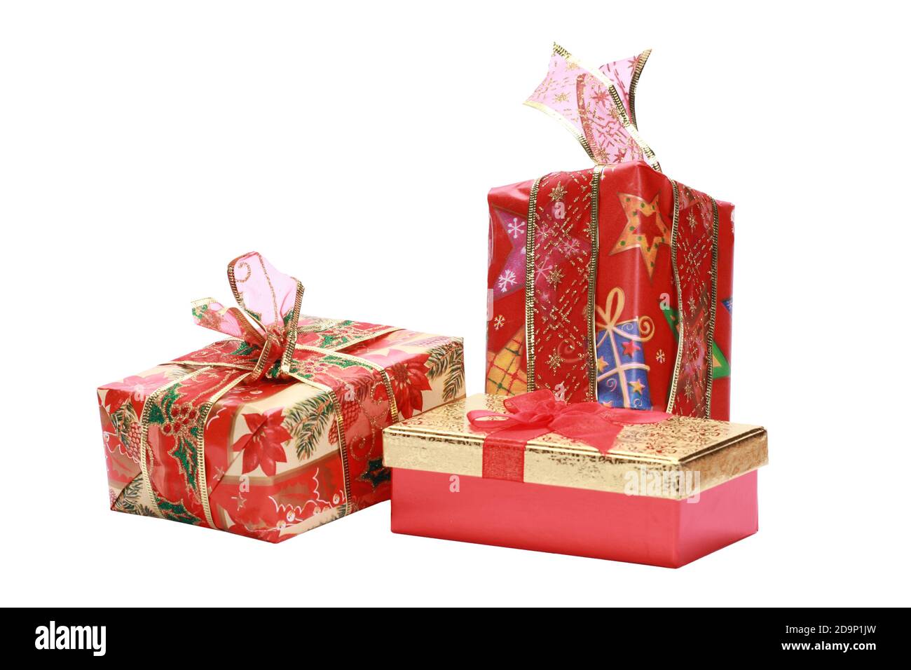 A bunch of beautifully wrapped Christmas gifts isolated on a white