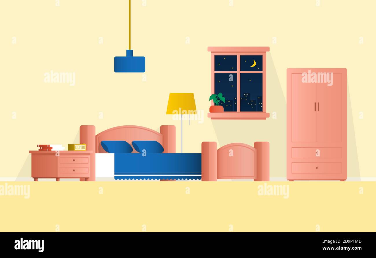 Bedroom interior design with window and plant in room.vector and illustration. Stock Vector