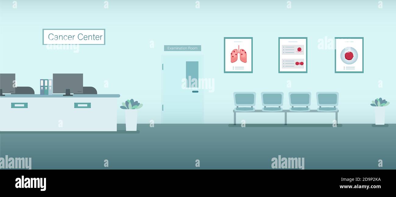 Cancer center interior with counter and waiting area flat design vector illustration Stock Vector