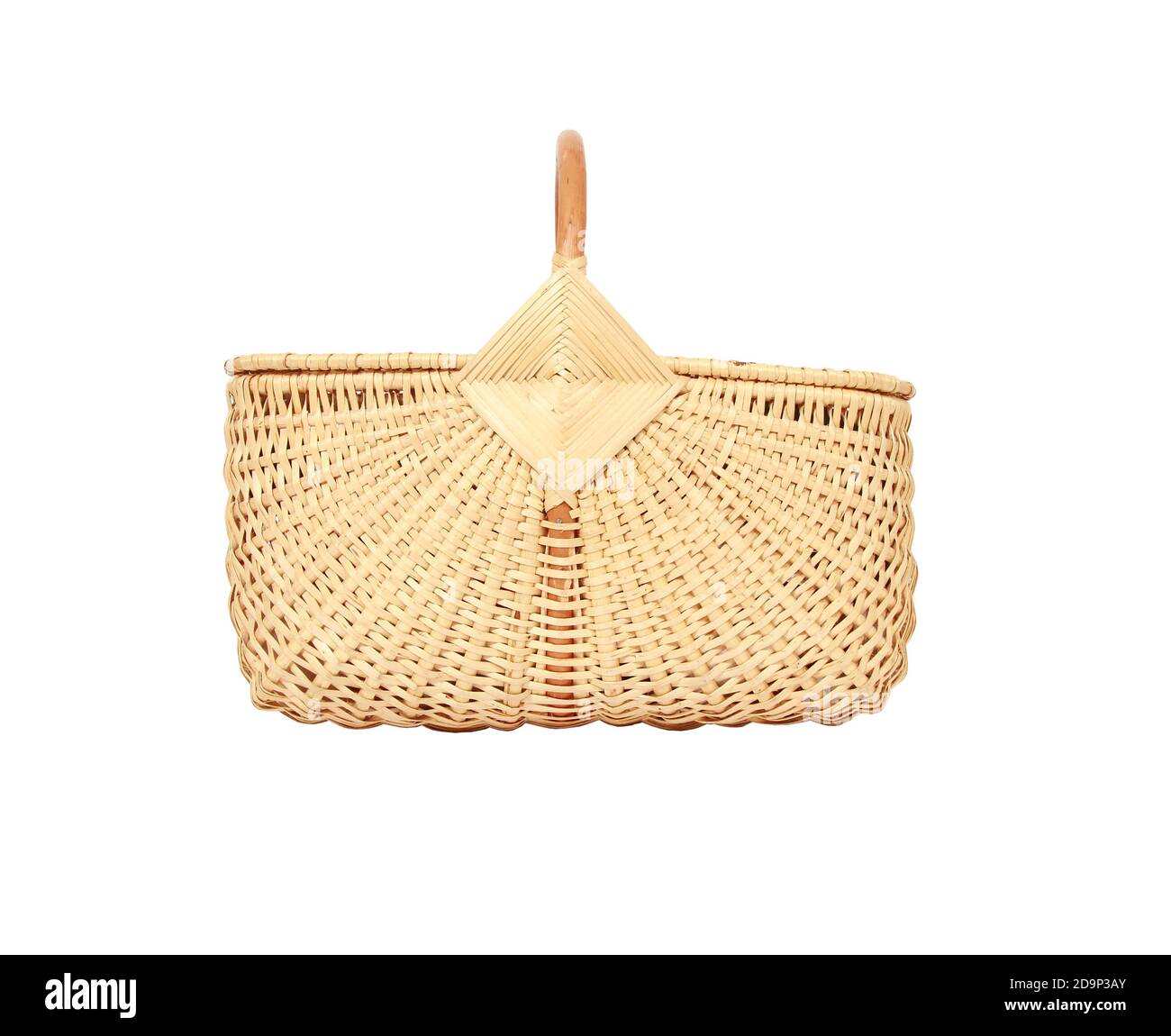 A woven wicker basket with a handle and a lid isolated on a white ...